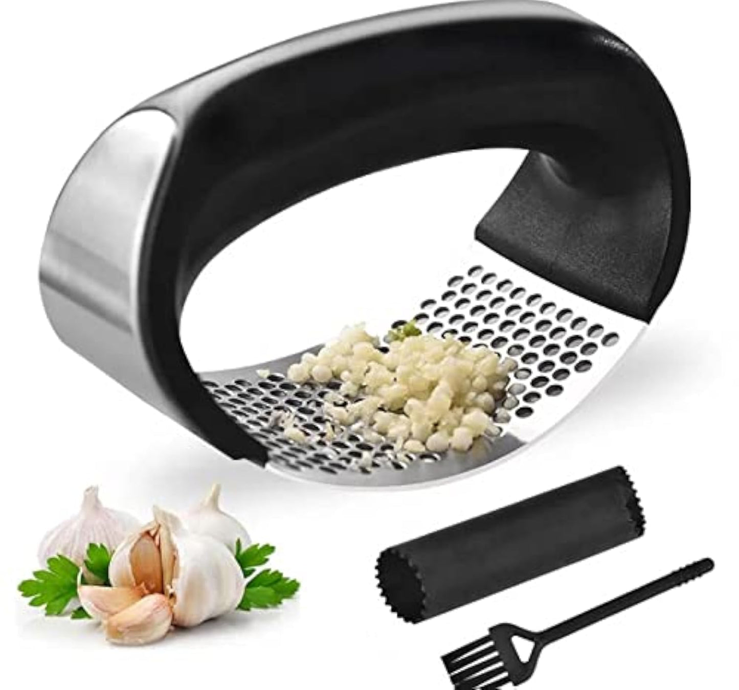 Angel's Peel Lounge Stainless Steel Garlic Press Rocker Set with Silicone Garlic Peeler & Cleaning Brush – Garlic Chopper, Mincer, Grater, Crusher – Easy for Crushed Cloves – Rust-Resistant, Black