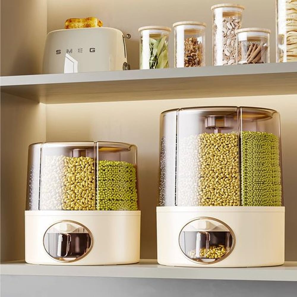 GSC Industries Premium 6-Grid Rotating Food Dispenser with Sealed Lid – 360° Rotation Grain Storage Container for Rice, Beans, Cereal, Peanuts, Barley, and More – Kitchen Pantry Organizer