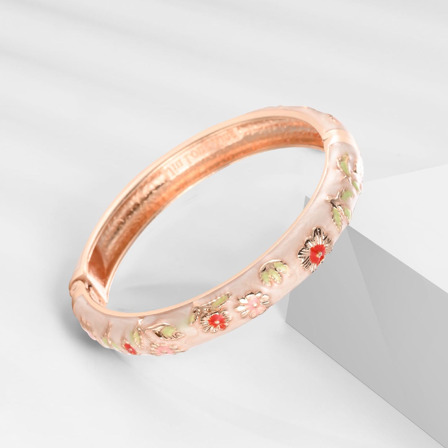 UJOY Womens Multi-Colors Cloisonne Bracelet Gold Plated Flower Enameled Hinged Cuff Bangles Jewelry Gift 55A-3PCS Cream White