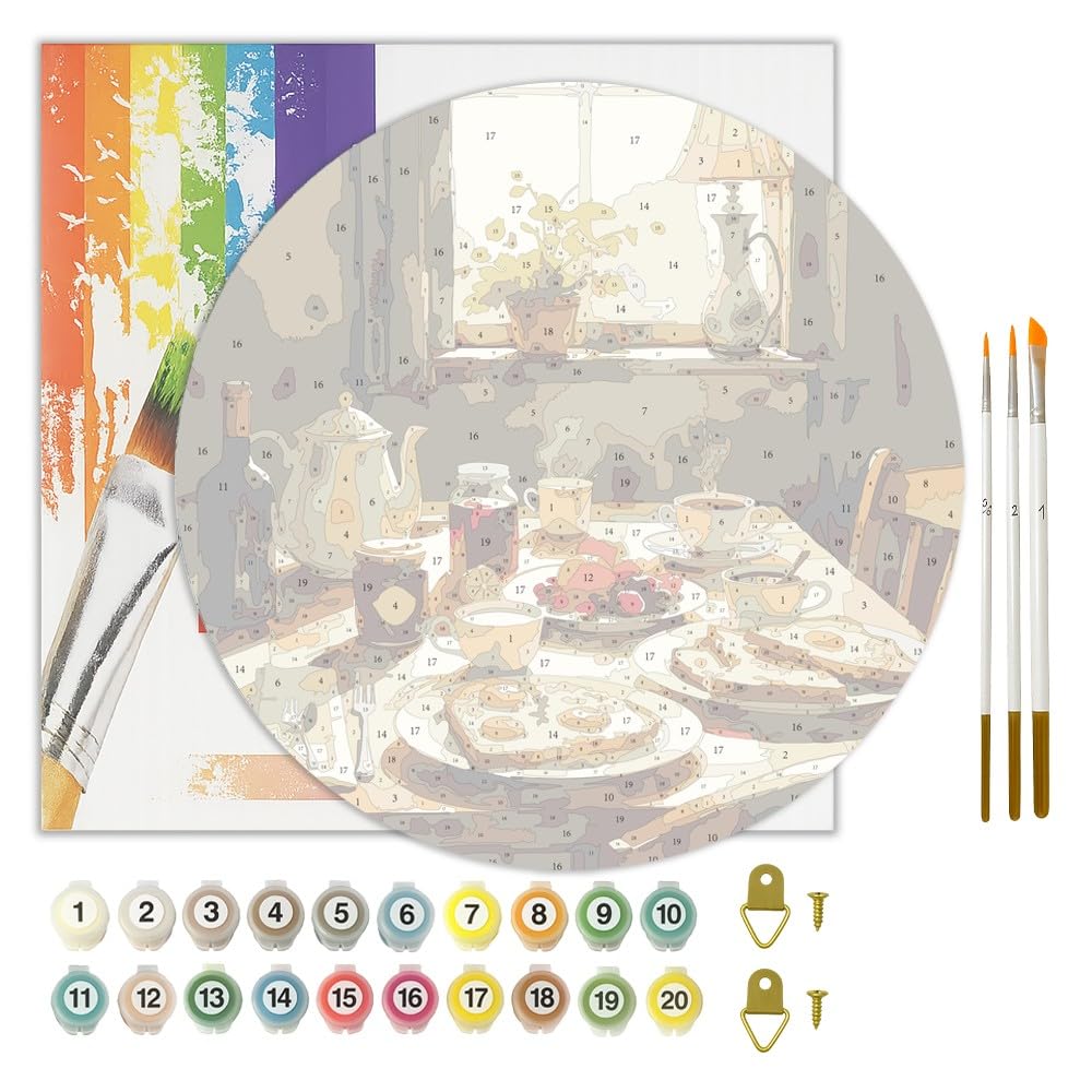 Country Kitchen Paint by Numbers Kit for Adults on Wood Board – DIY Rustic Breakfast Table Scene Wood Craft Painting Kit, 12 in Round, Acrylic Paint Set, Beginner-Friendly, Relaxing Home Decor Gift