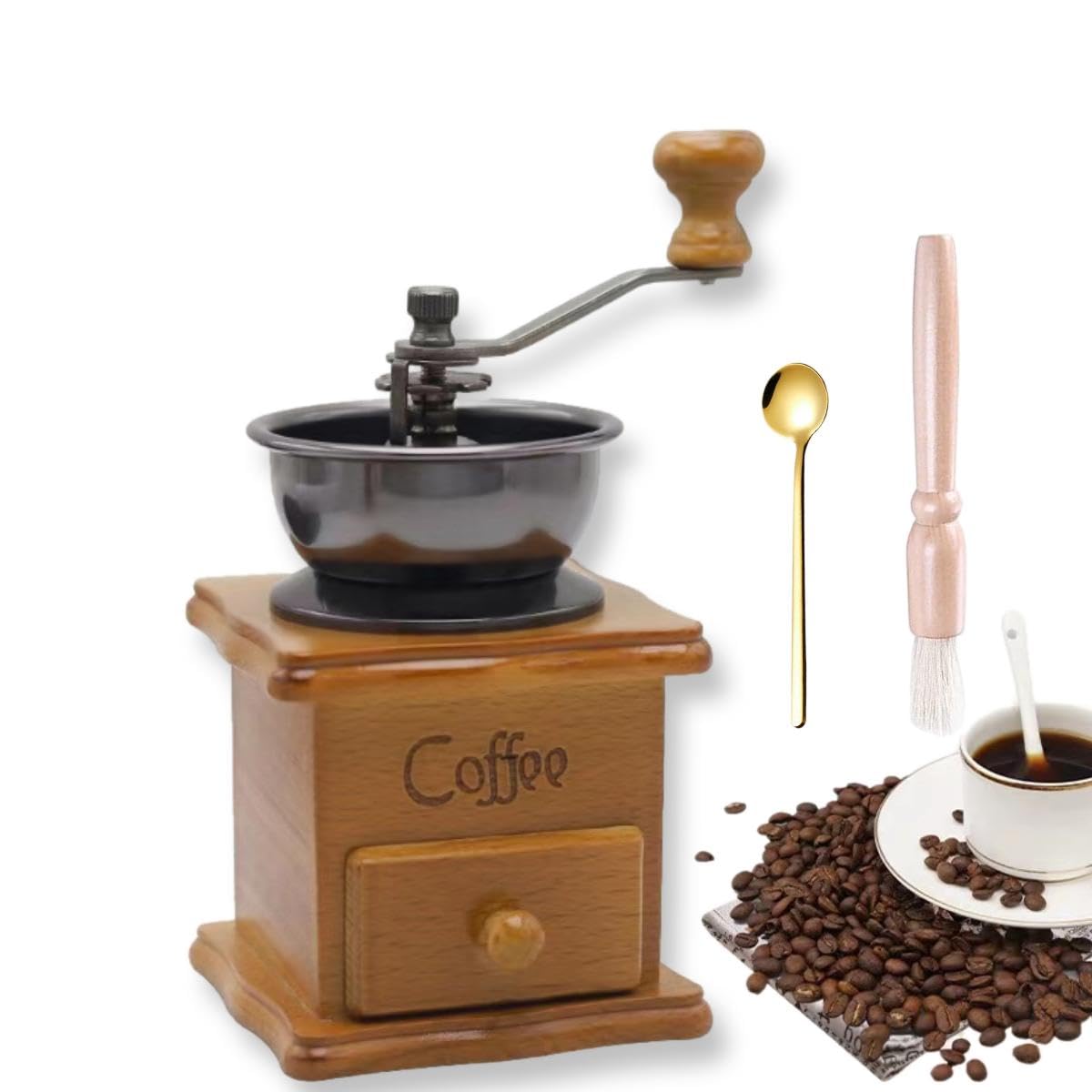 Eitonbu Wooden Manual Coffee Grinder Vintage Style Hand Coffee Mill Burr Coffee Grinder with Ceramic Hand Crank,Wooden Manual Coffee Grinder Cleaning Brush (Light Brown)