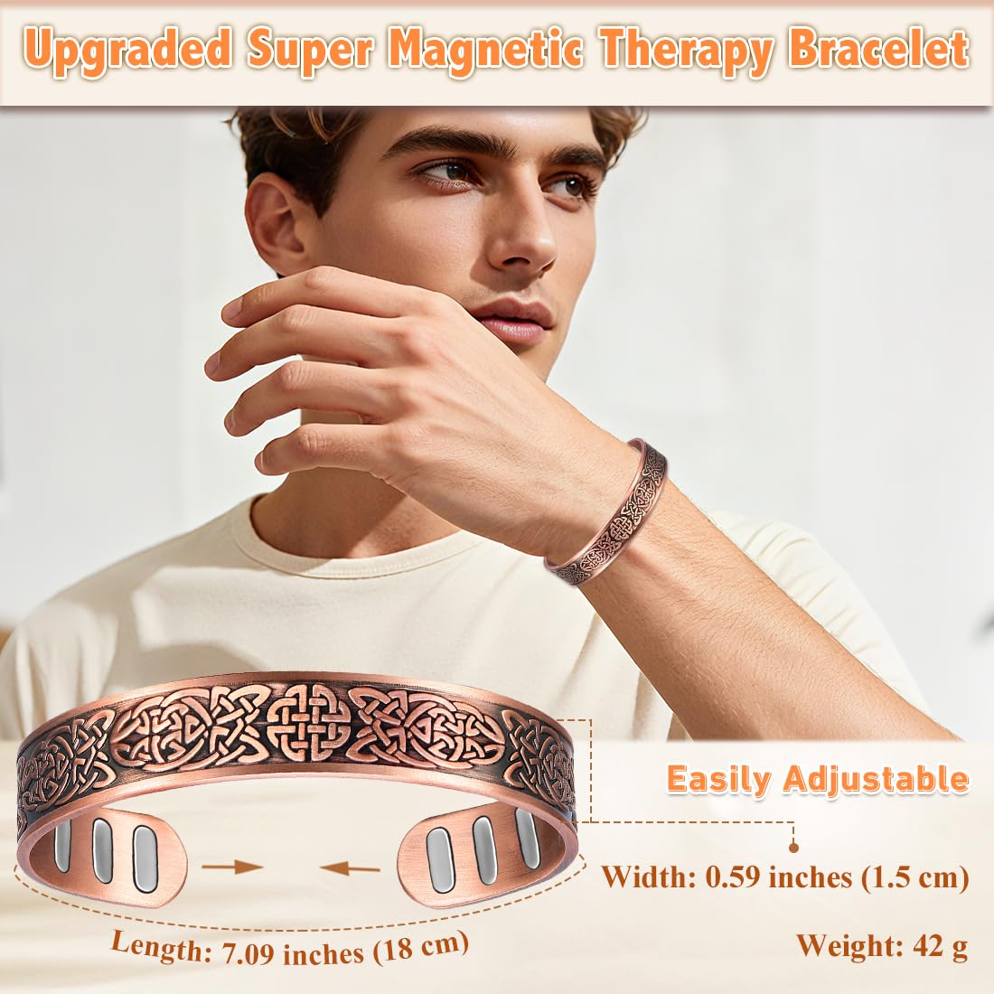 Cigmag Copper Bracelet for Men, with Powerful 9X 5000 Gauss Magnets, Adjustable Solid Pure Copper (Celtic Knot 1)
