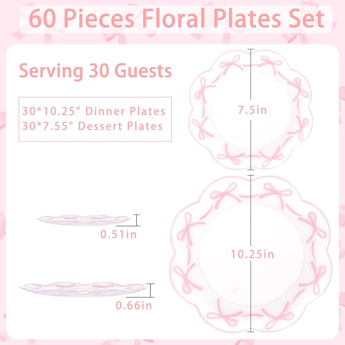 LIYH 60 Pcs Pink Plastic Plates for Party Bow Plates - Pink Porcelain Scalloped Plate Disposable Heavyduty for Wedding Bridal Shower Floral Dinnerware Set - 10.25" Dinner & 7.5" Dessert Plate