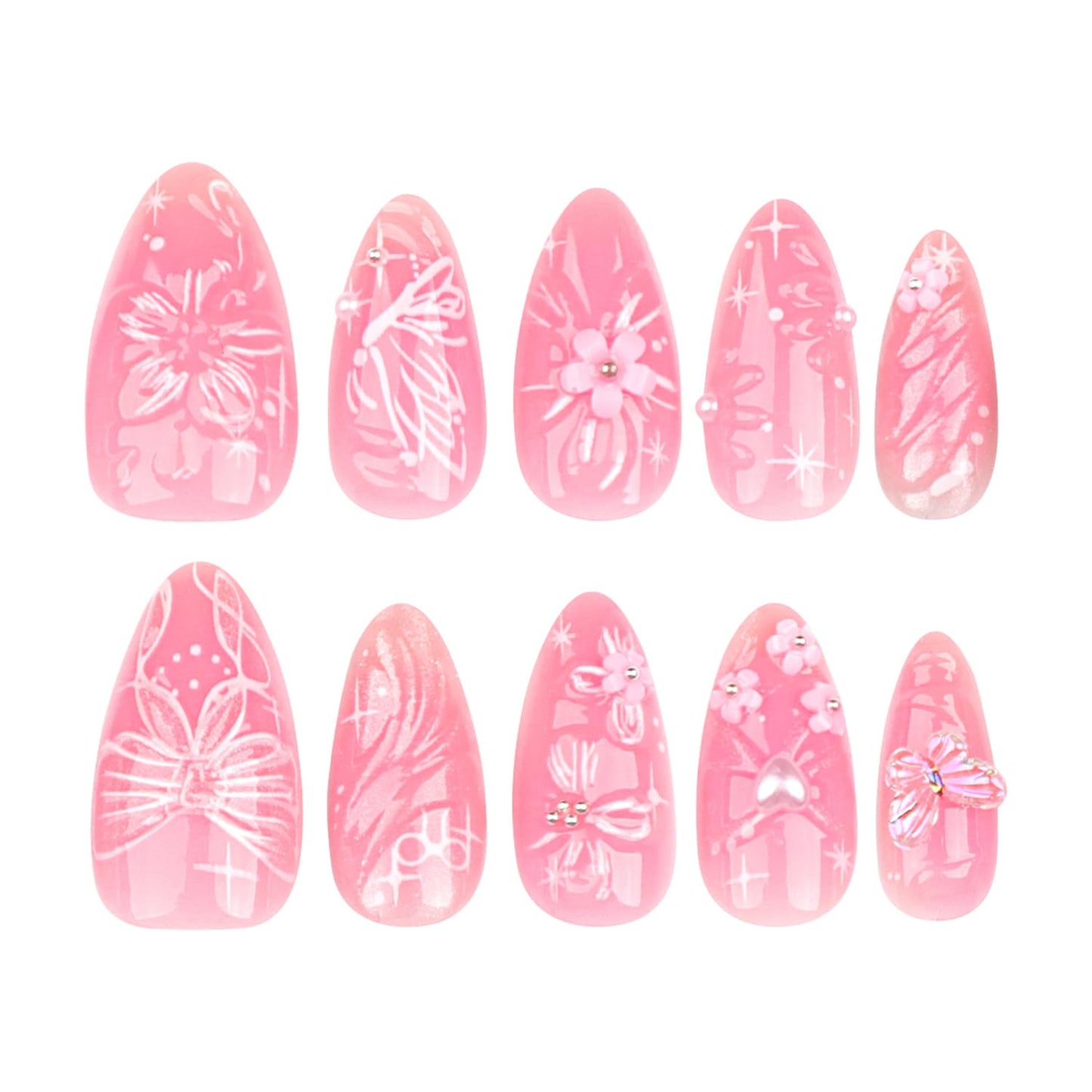 24Pcs Pink Press on Nails Medium Almond Fake Nails with 3D Flower Butterfly Designs Stick on Nails Bow False Nails Spring Summer Floral Acrylic Nails Gold Bead Glue on Nails for Women Nail Supplies