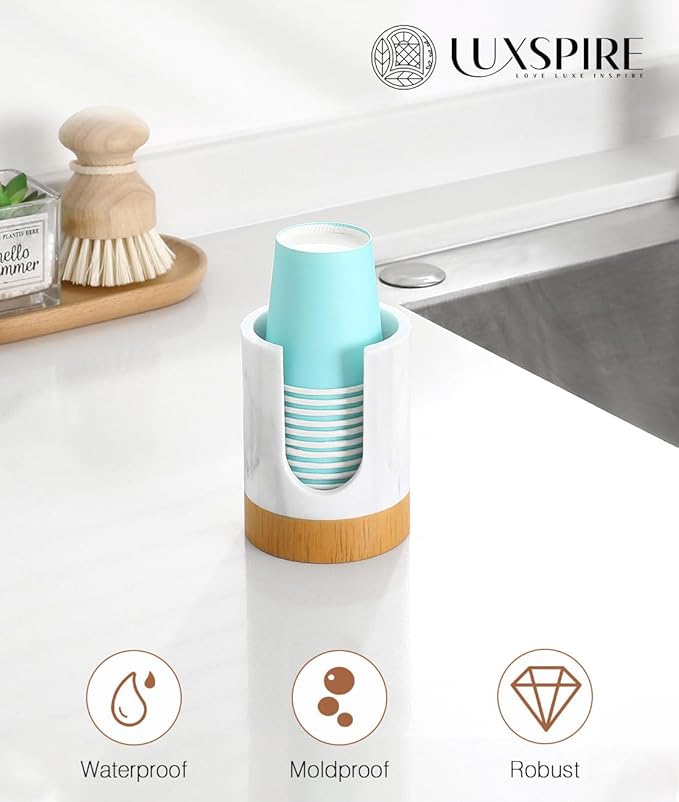 Luxspire Bathroom Cup Dispenser, 3oz Dixie Cup Dispenser, Marble Resin Dixie Cup Holder, Disposable Paper Cup Holder for Bathroom, Cotton Pad Holder, Guest Bathroom Essentials, Marble White