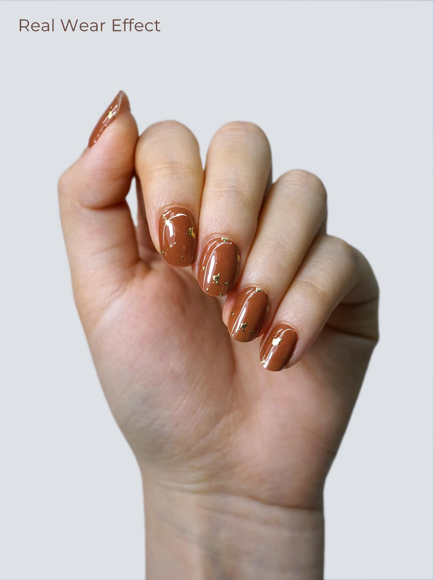 Beaolata Real Gel Nail Strips (No UV Light Needed) - 44Pcs Salon Quality Nail Stickers - Long Lasting Polish Wraps for Women, Easy Apply & Remove (Brown Metallic Flakes)