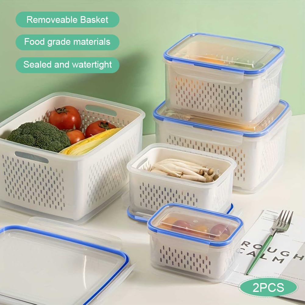 Trasylph 2 Pack Fruit Storage Containers for Fridge with Removable Colanders, Dishwasher & Microwave safe Produce Storage Containers with Lids Keep Fruits, Vegetables, Berry, Meat Fresh longer