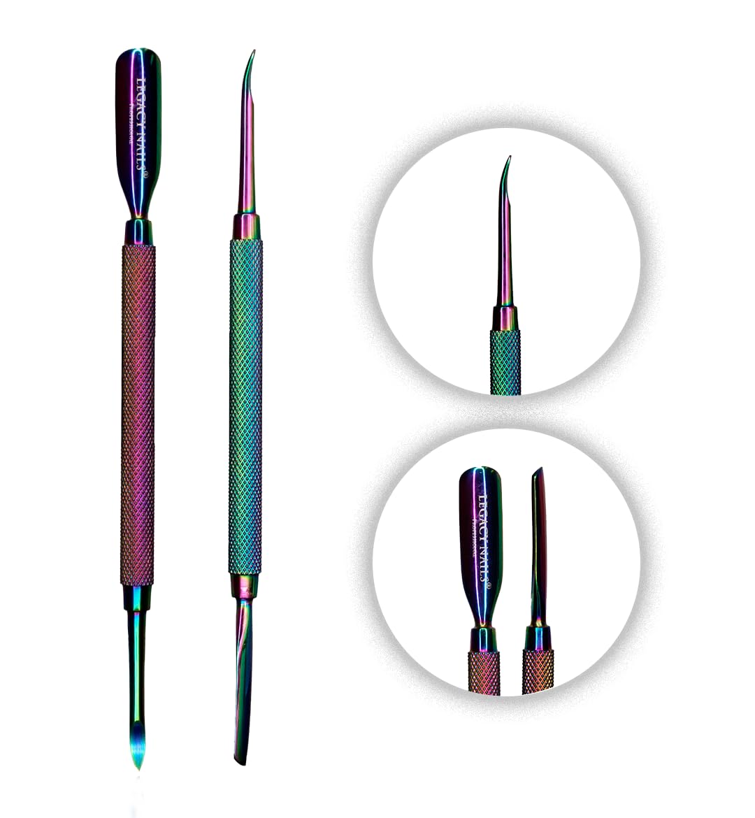 Legacy Nails Professional MULTICOLOR DUAL CUTICLE PUSHER & REMOVER in Stainless Steel - Sharpened-spoon shape - Sharp-pointed shape