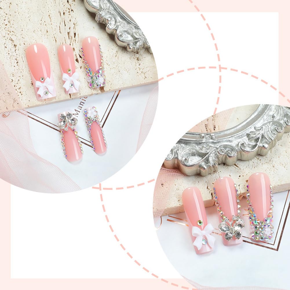 Hrnsnails Long Square Press On Nails French Tip White Fake Nails with Butterfly Charm Rhinestones Nail Press Ons Design, Artificial False Nails Press On Nail Kit Stick On Nails for Women