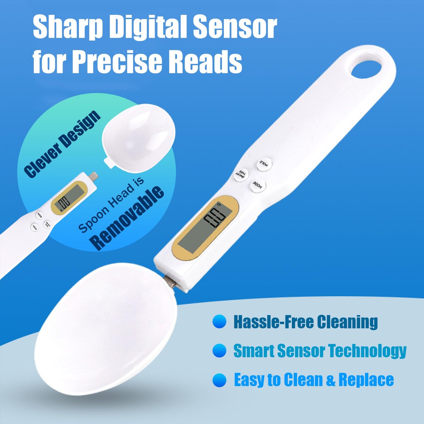 Food Measuring Spoon, Digital Kitchen Scale, high-Precision Small Scale, Handheld use, with Weight Removal Function (White)