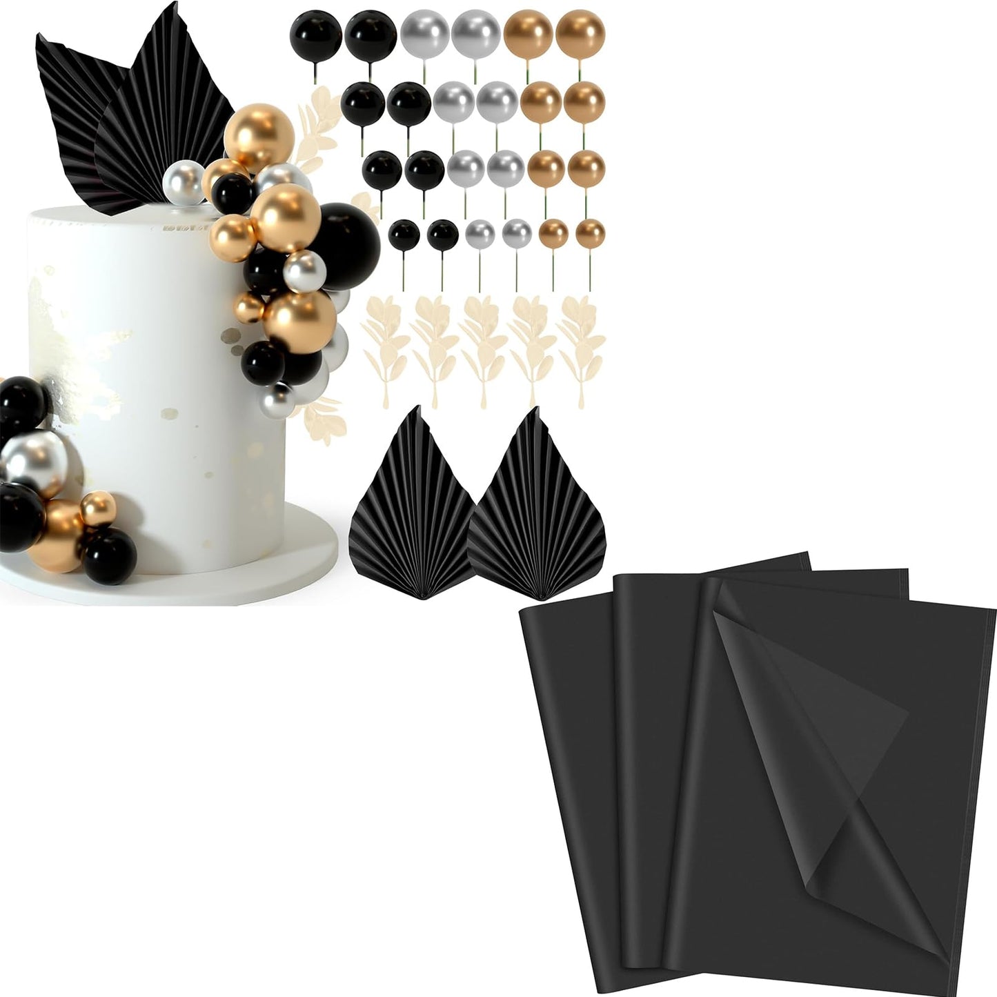 NEBURORA 60 Sheets Black Tissue Paper Bundles 64 Pcs Balls Cake Toppers and Leaves Decoration for Halloween Party,Blcak Party Decoration