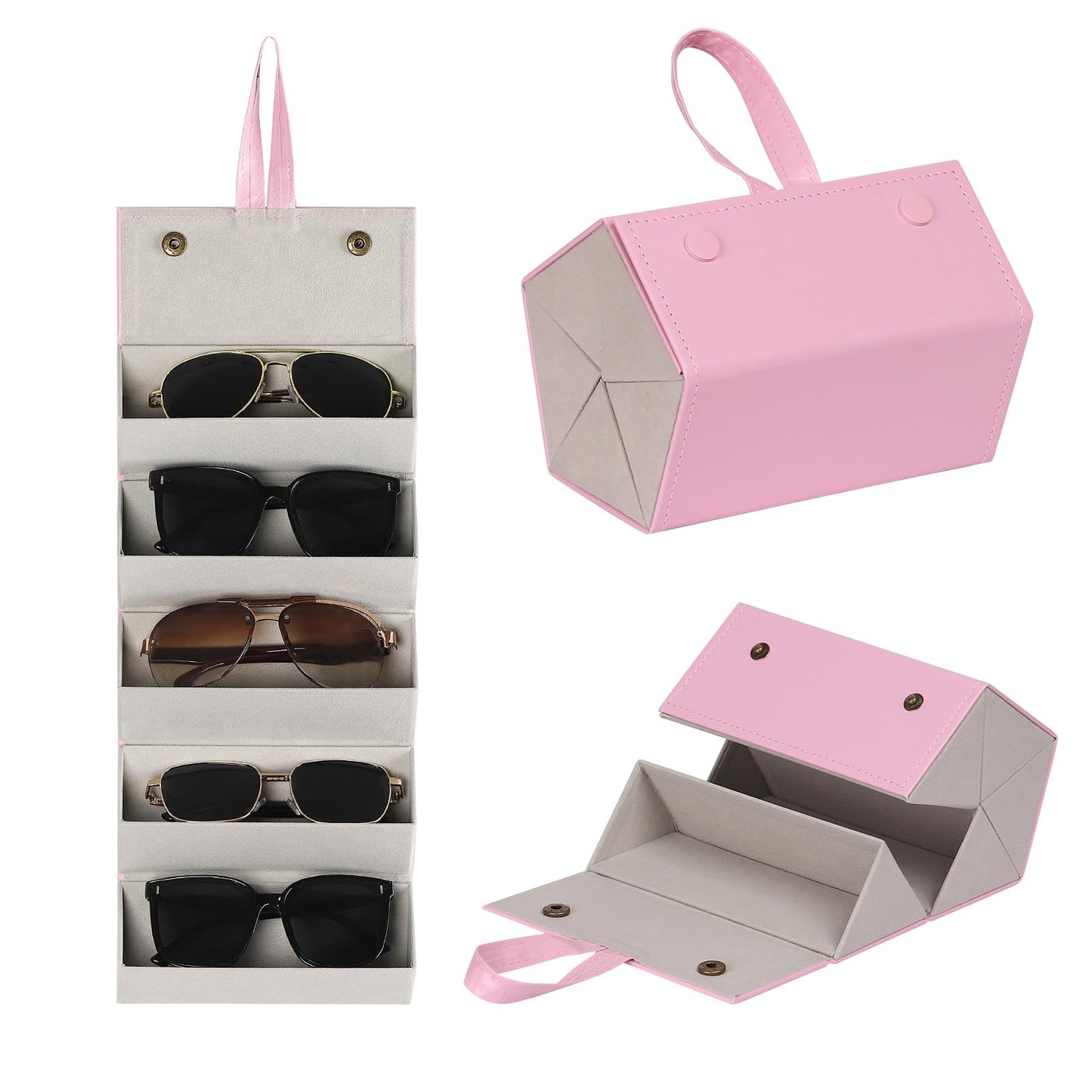 AUTOARK Foldable PU Leather Glasses Organizer with 5 Slots,Hanging & Portable Sunglass Eyewear Storage Case for Men Women,Pink,MKAW254