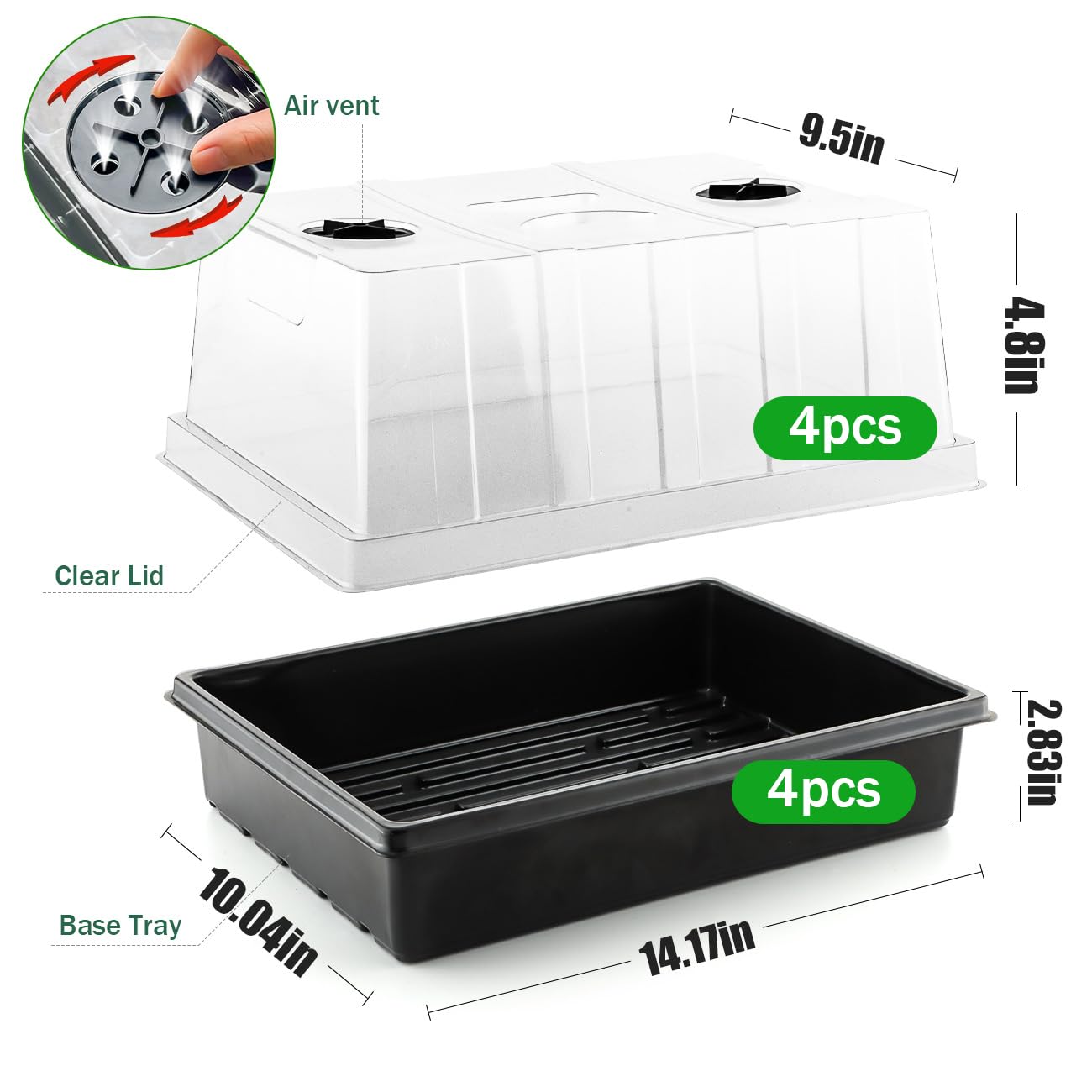 RooTrimmer 4-Pack Seed Starter Trays with 5'' Tall Humidity Domes – Reusable Plant Germination Kit for Microgreens, Herbs & Indoor Gardening | Clear Vented Lids, Fast Seedling Growth & Durable Design
