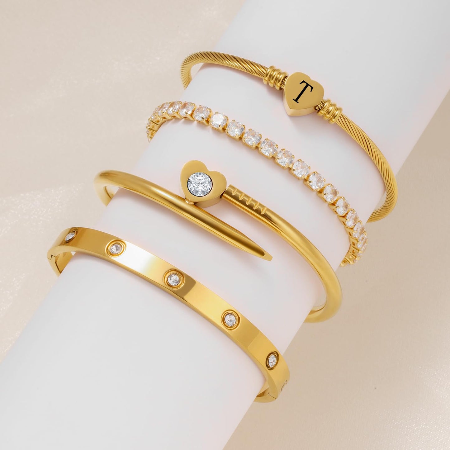 MEIERYA18K Gold Plated Nail love Bangle Bracelet Set for Women,Cubic Zirconia,Adjustable tennis bracelet Trendy Gift Jewelry for Mother's Day Anniversary (14-Style-T)