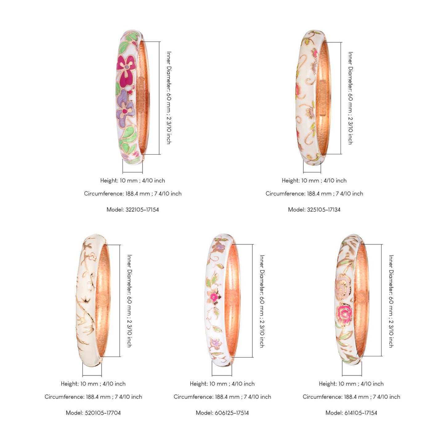 UJOY Bangles 5 Pcs Enamel Jewelry Set Rose Gold Flower Engraved Cloisonne Bracelets Pack in a Box 5PCS white