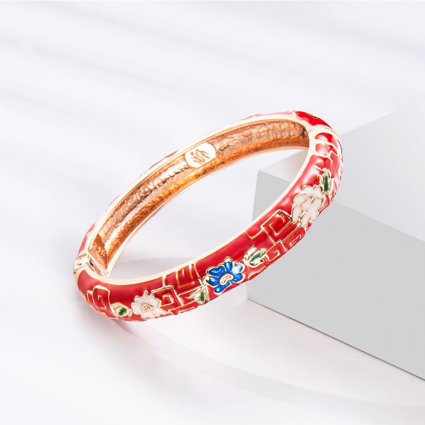 UJOY Bangles Bracelets Gorgeous Enameled Flower Cloisonne Plated Indian Jewelry Sets Box for Womens Gift 55A87-55A114 red