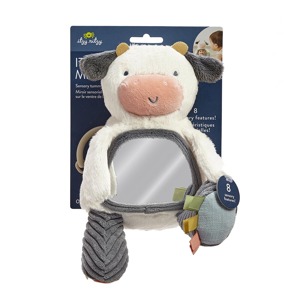 Itzy Ritzy Sensory Tummy Time Toy Mirror - Features Crinkle & Jingle Sounds, Multiple Textures and Mirror for Self-Discovery, Infant Toy for Ages 0 Months and Up, Cow
