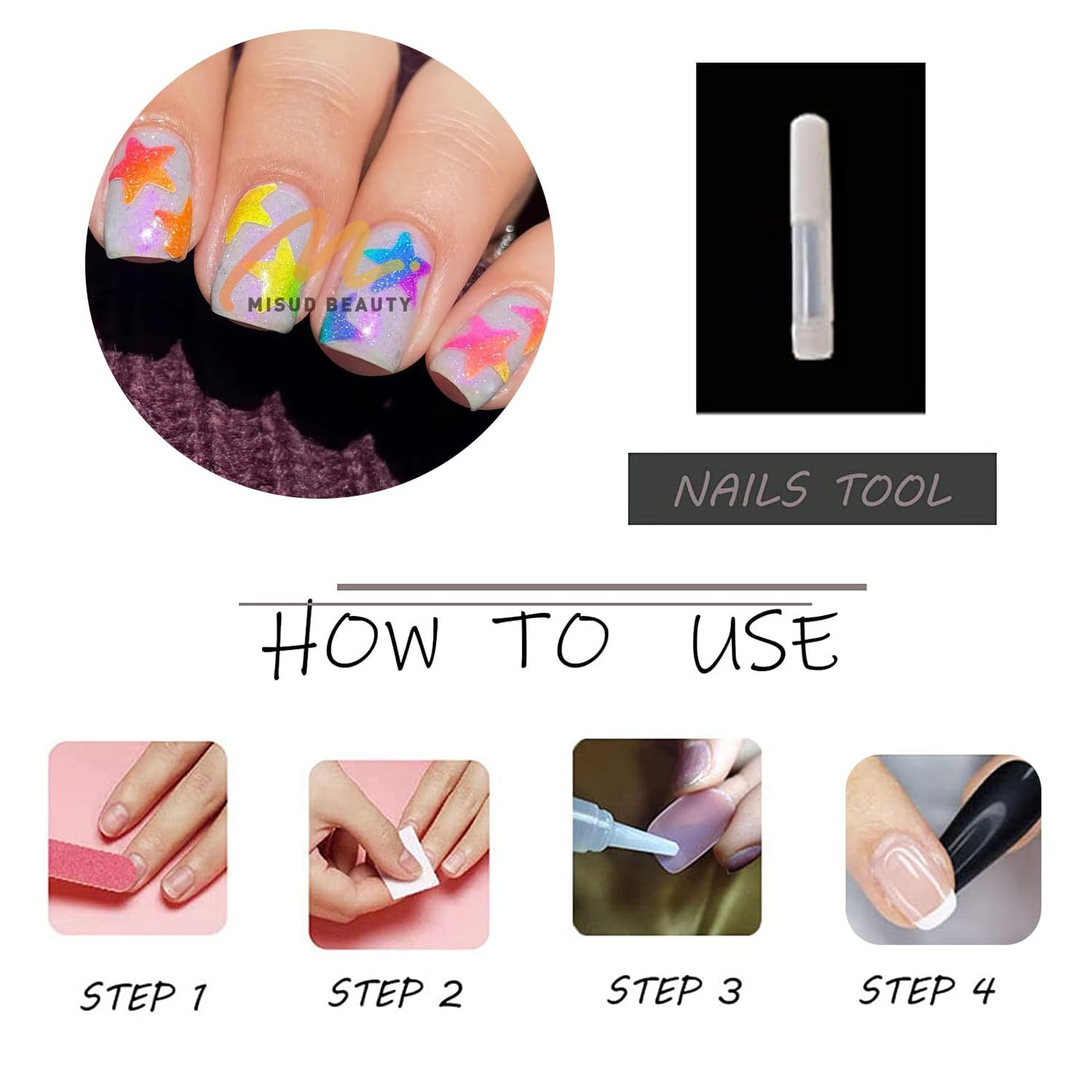 MISUD Press on Nails - Short Square Fake Nails with Colorful Star, Acrylic Bling Glitter Design 24 pcs