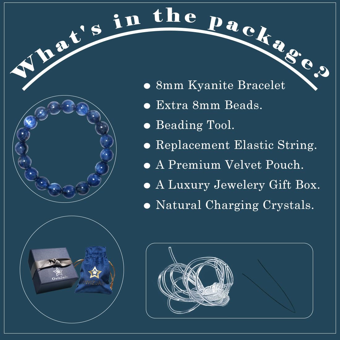 OwizJade Kyanite Bracelet 8MM for Women Men Beads | Control of Your Life - Fits for About 7" Wrist | Anxiety & Stress Relief | Absorb Negative Energy | Come With Box & Velvet Pouch & Beading Kit
