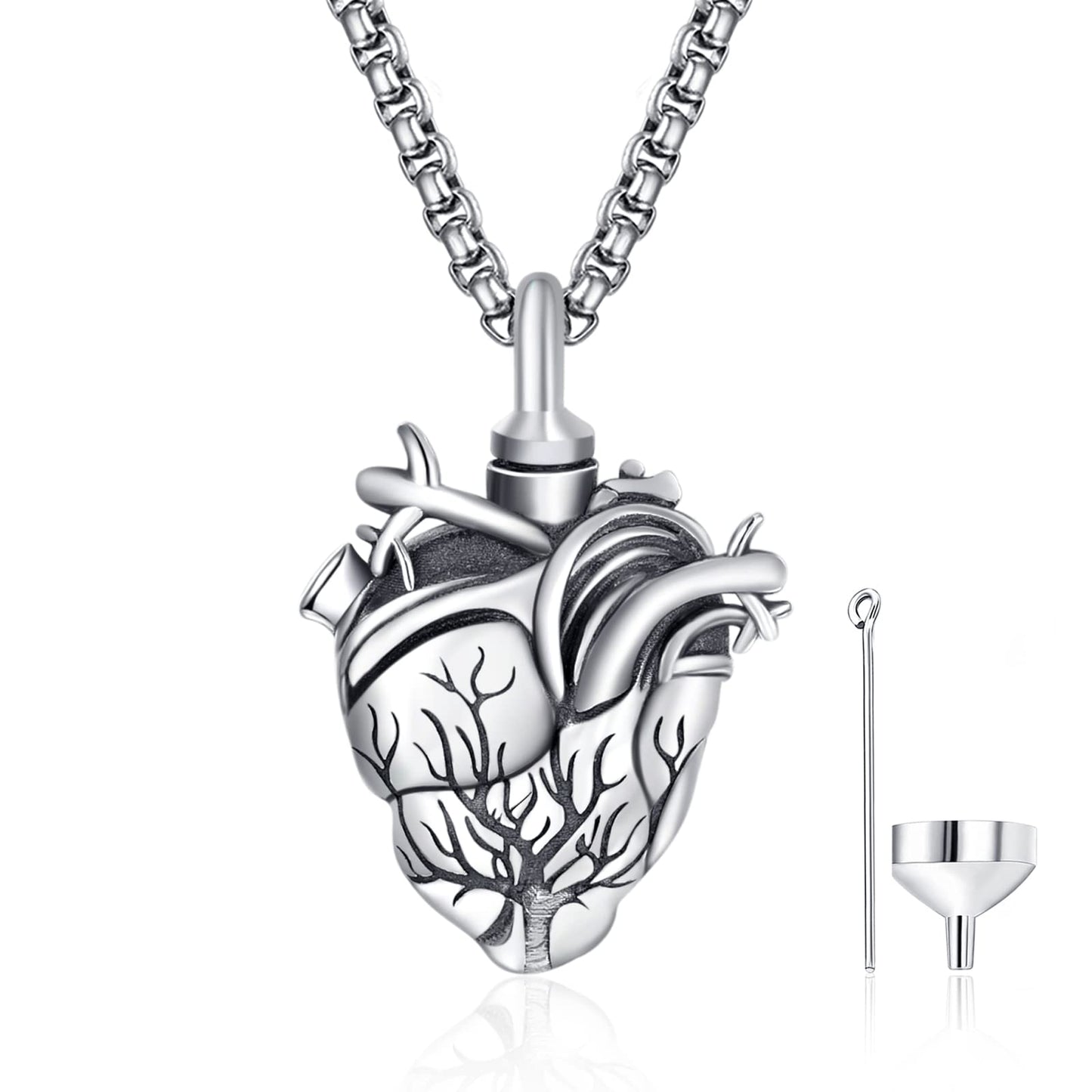 Tree of Life Urn Necklace for Ashes for Men Sterling Silver Cremation Jewelry for Ashes Anatomical Heart Urn Keepsake Pendant Memorial Gifts