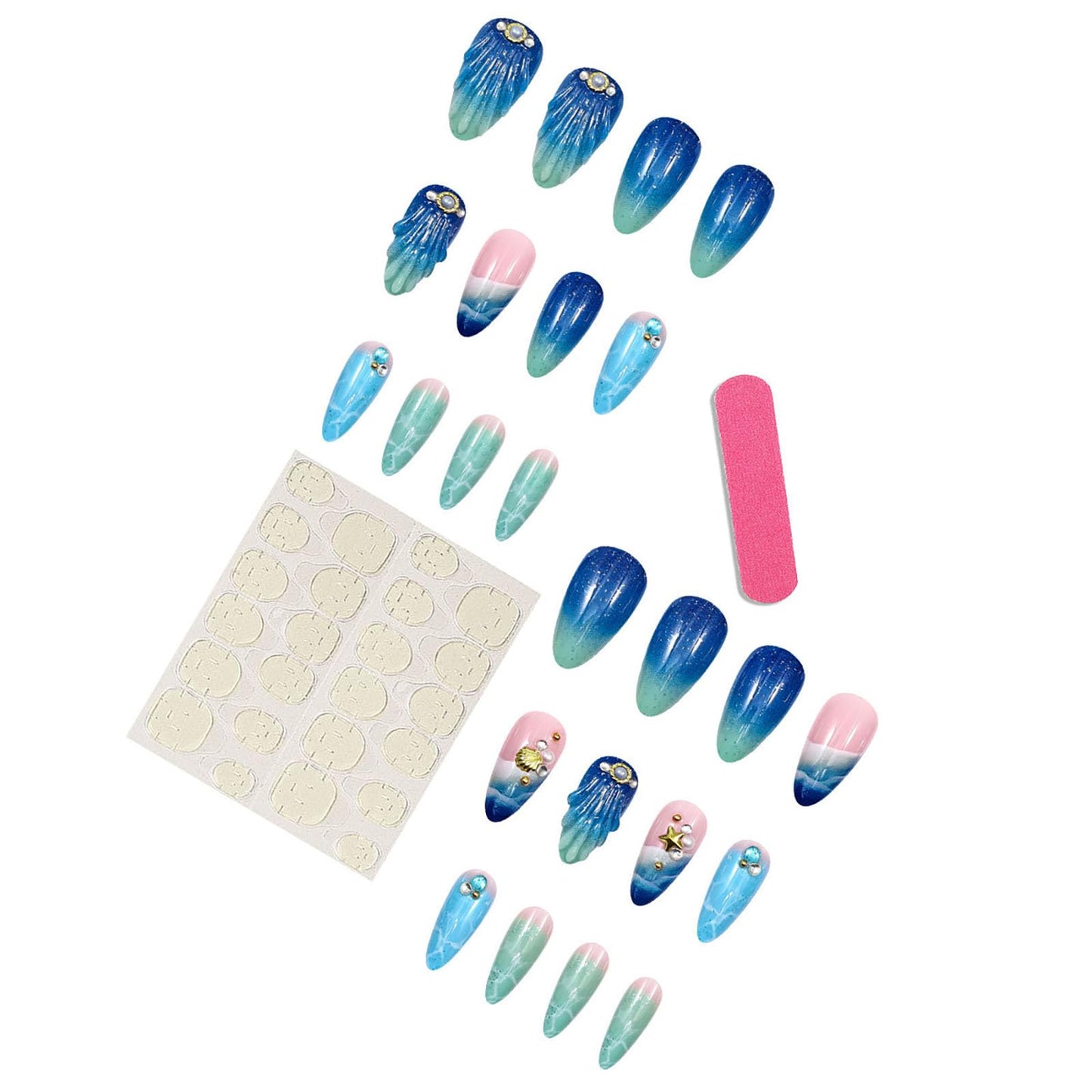 RUOKEXIN Almond Press on Nails Medium Fake Nails Beach False Nails with 3D Shell Designs Summer Blue Nail Press ons Sparkly Artificial Nails for Women 24Pcs