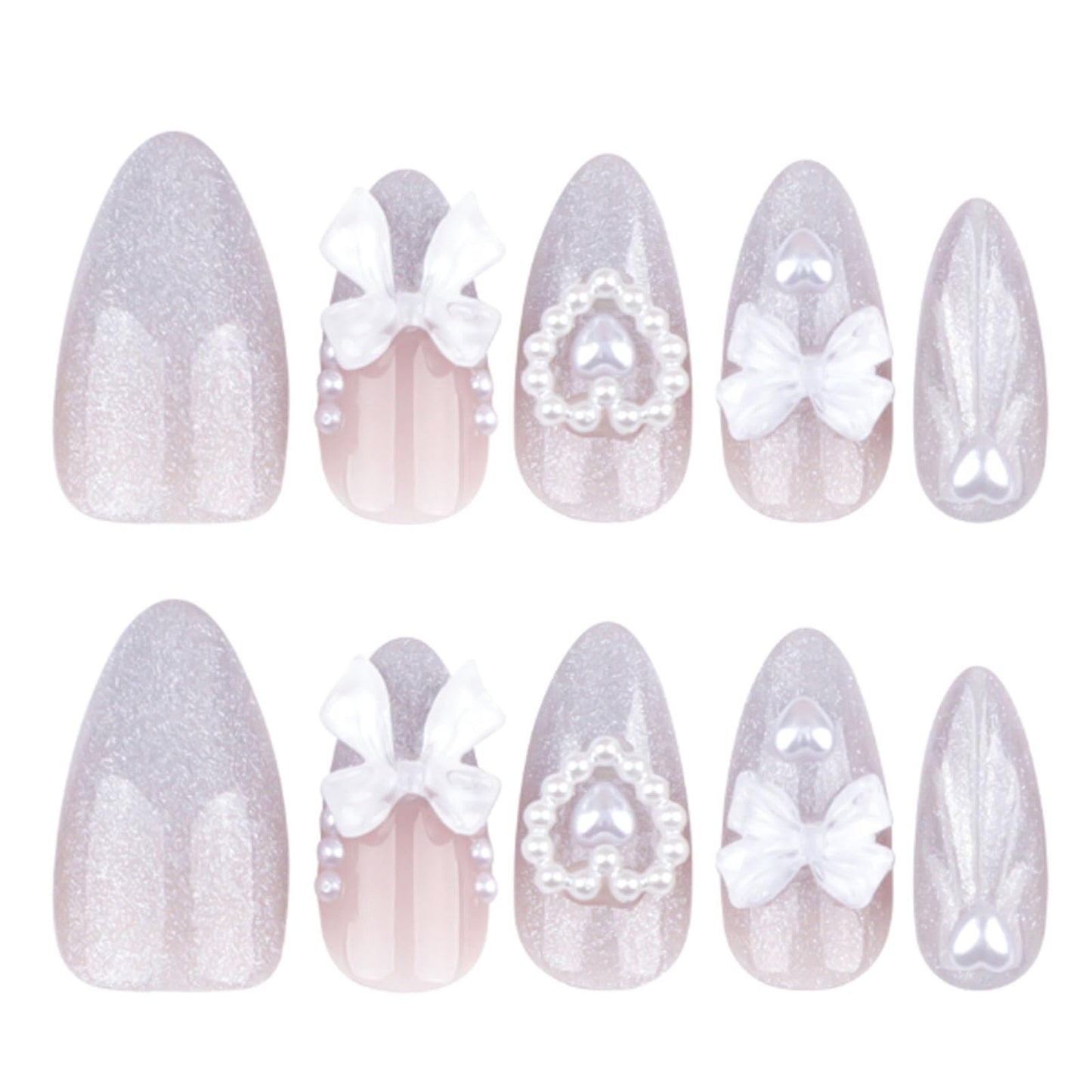 Hkanlre Medium Flower Press on Nails Pearl Rhienstones Fake Nails Tips Full Cover Almond False Nails for Women 24PCS