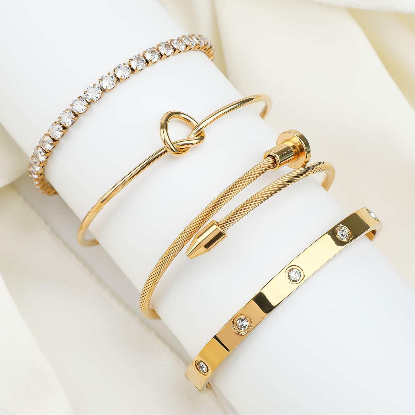 18K Gold Plated Love Nail Bangle Bracelet Set, 4pcs Stackable Stainless Steel Bangles for Wife Mom Girlfriend Daughter