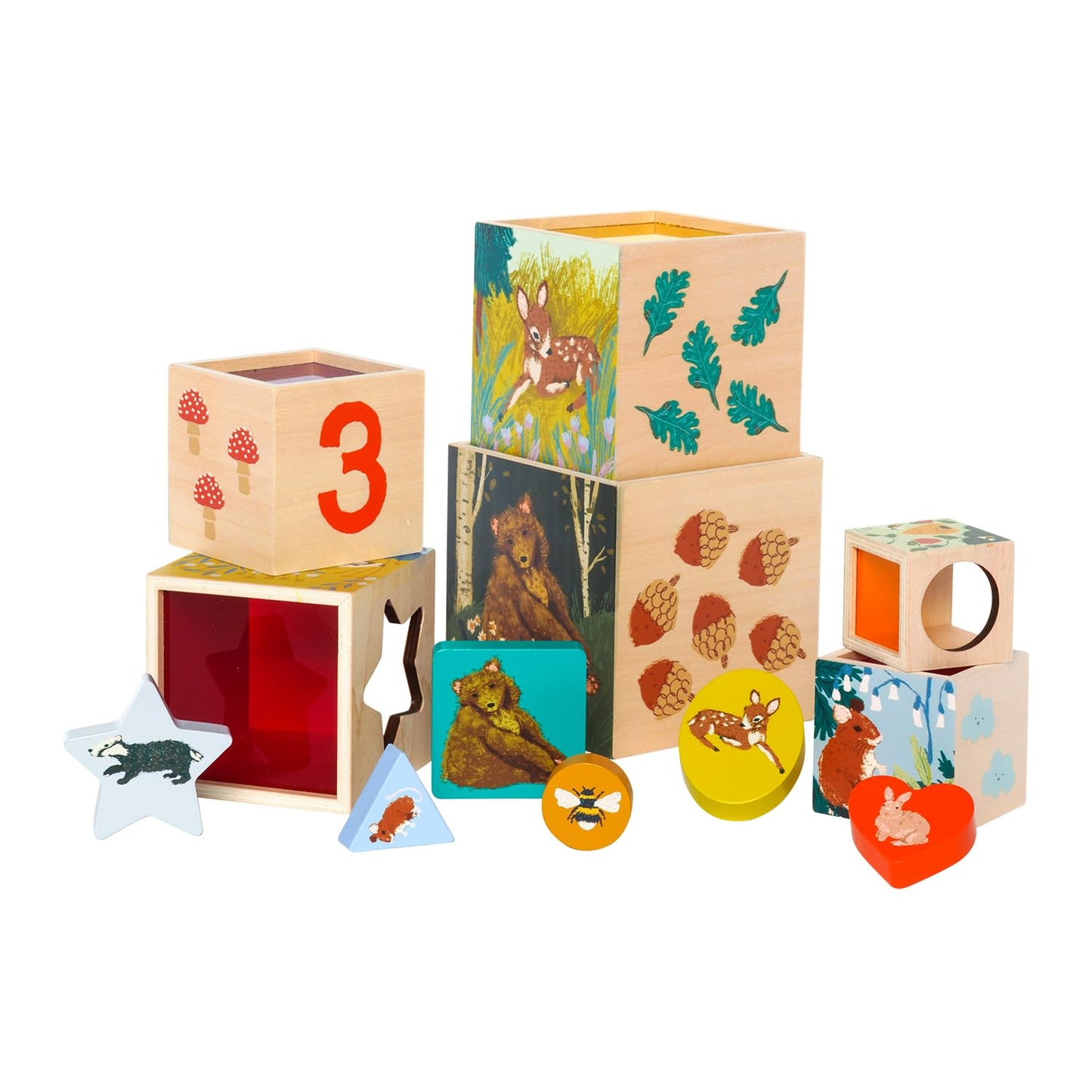 Manhattan Toy Enchanted Forest 12-Piece Wooden Stacking Counting Sorting Toy Blocks with Solid Wood Cutout Shapes