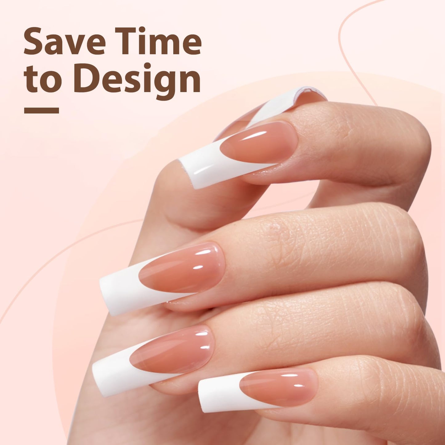 BTArtbox Press On Nails Long Square with French Nail Stamper - 150Pcs 2 in 1 X-coat Tips Pre-applied Tip Primer, One-Step Square Gel Nail Tips Fake Nails 15 Sizes for Nail Extensions