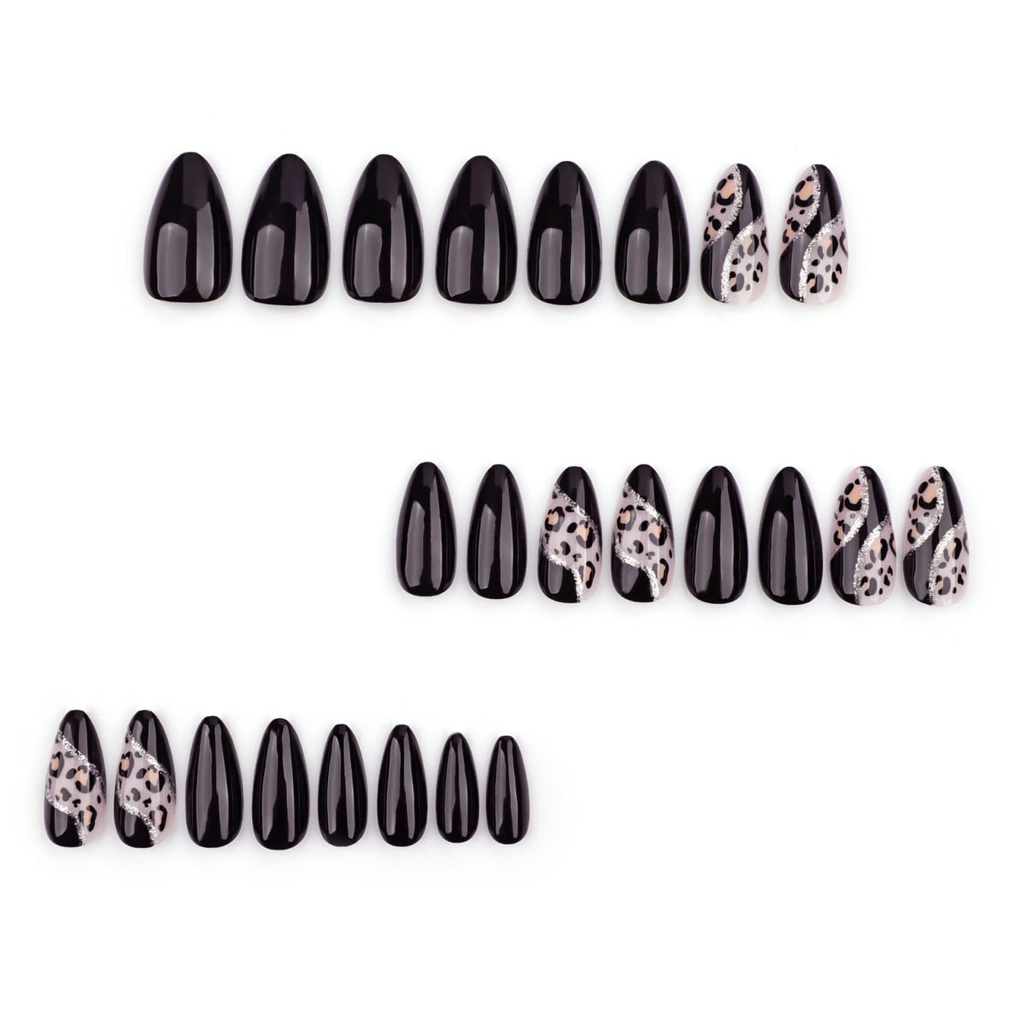 Medium Almond Press on Nails Black Fake Nails with Glitter Lines Leopard Designs Full Cover Glue on Nails Reusable Artificial Stick on Nails for Women 24 Pcs