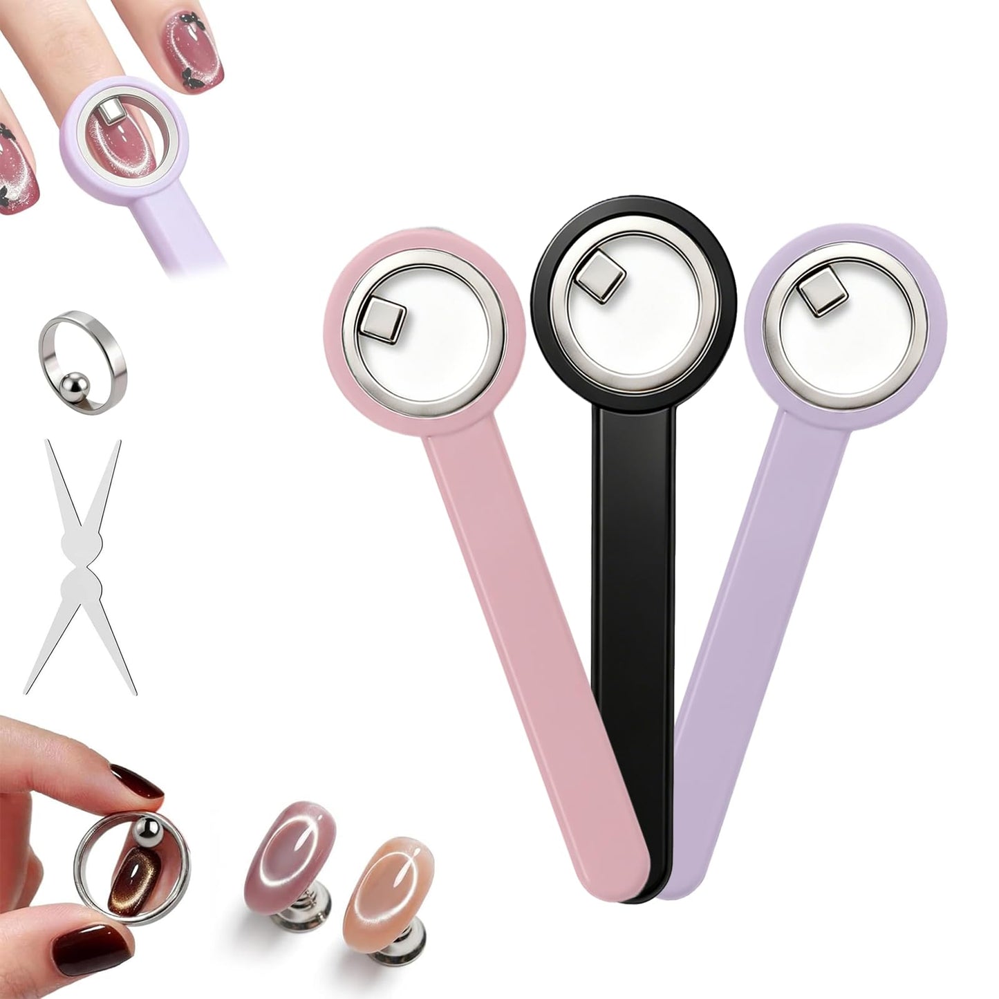 Ring-Shaped Cat Eye Magnet for Nails, Hollow Magnetic Design Circle Cat Eye Magnet for 3D Halo French Tip Nail Art, Home Salon DIY Manicure Tool (3Pcs-Pink+Purple+Black)