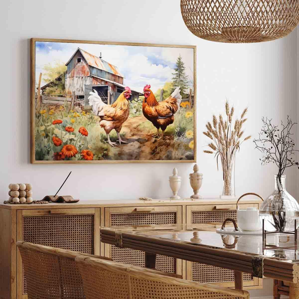 Chicken Farm Wall Art Rustic Country Painting Chickens Pictures Vintage Countryside Canvas Wall Art Barn Rustic Farmhouse Pictures Animals Wildflower Painting Living Room Decor 16x24inch No Frame