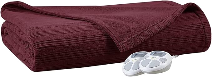 Serta Travis Fleece Ultra Soft Tri-Rib Textured Electric Blanket, Cozy and Snuggly Cover Fast Heating for Cold Weather, Auto Shut Off, Multi Heat Setting Controller, King, Berry Red