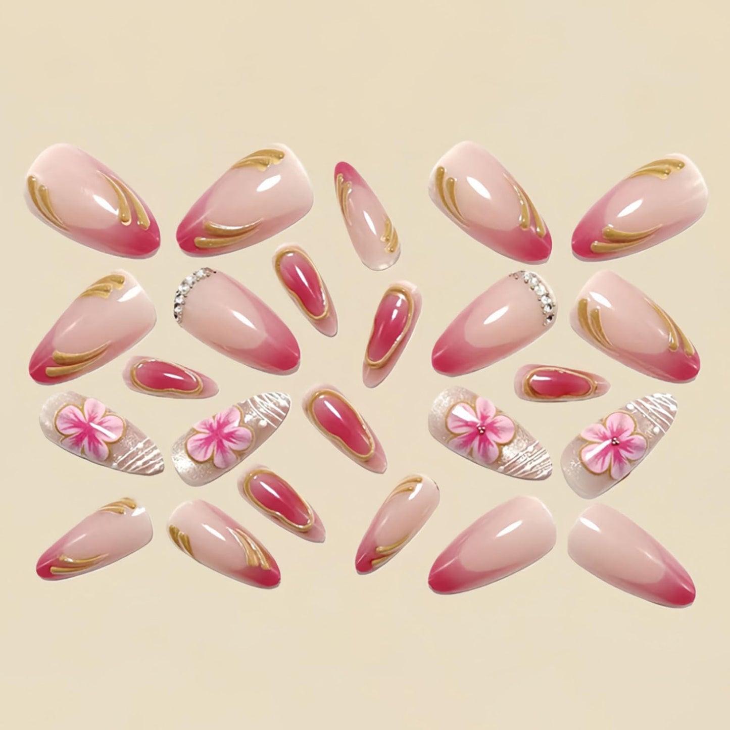 RUOKEXIN Almond Press on Nails French Tip Fake Nails Pink False Nails with Flower Designs Medium Nail Press ons Spring Summer Artificial Nails for Women 24Pcs