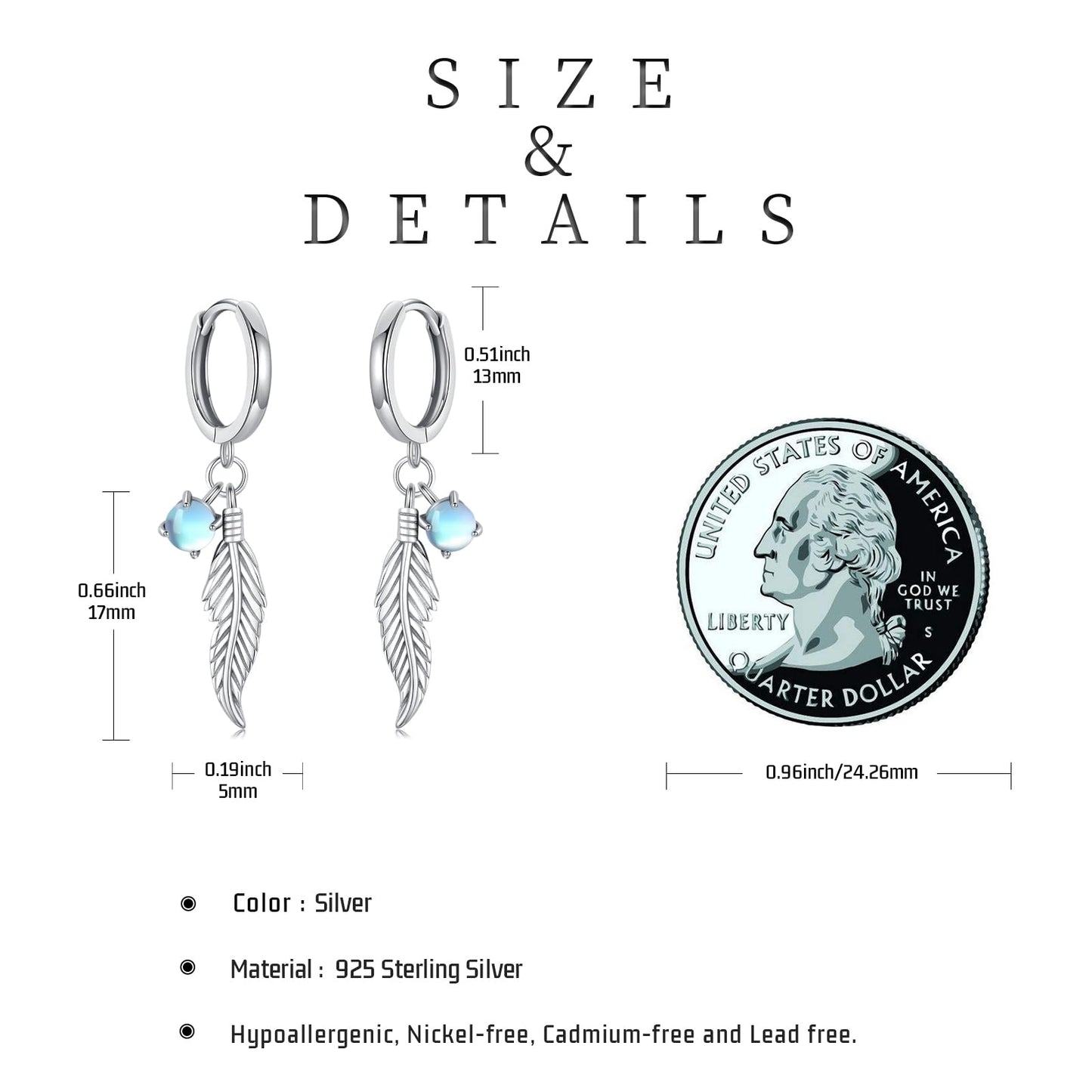 Feather Moonstone Earrings 925 Sterling Silver Moonstone Dangle Drop Earrings Feather Jewelry Bohemian Gifts for Women