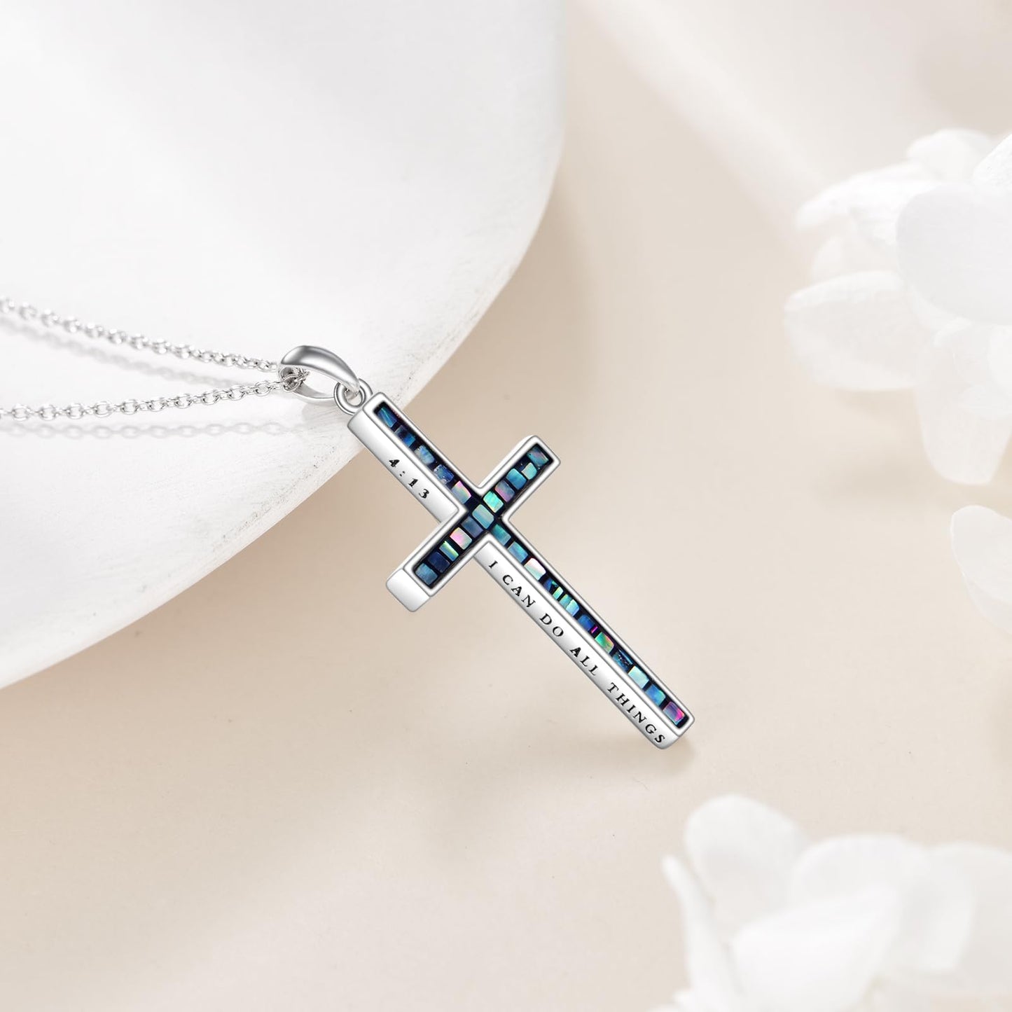 YFN I Can Do All Things Cross Necklace Sterling Silver Abalone Shell Cross Pendant Thin Cross Jewelry Gifts for Women Men