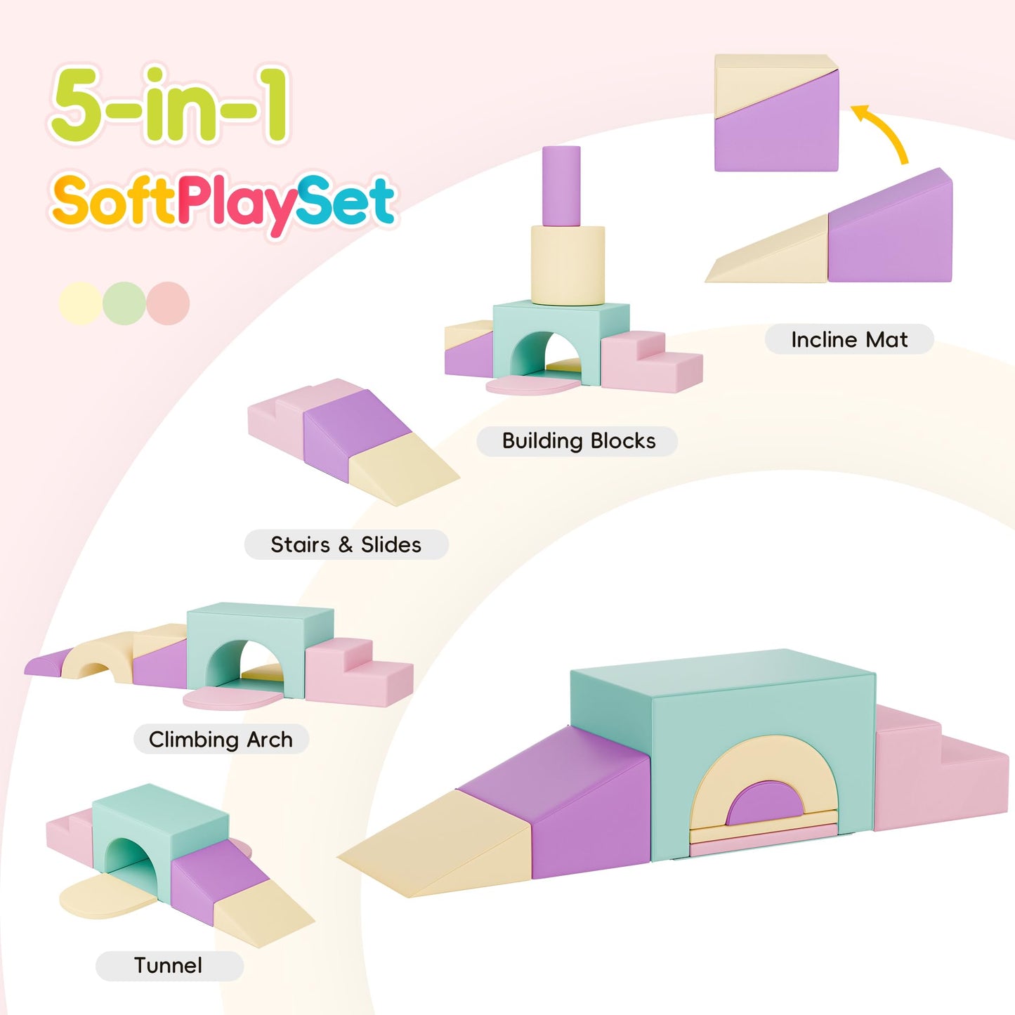 TOLEAD Soft Foam Climbing Blocks Set – Large 5-in-1 Soft Play Toys Crawling & Sliding Climbing Arch for Toddlers, Foam Playset for Nursery,Preschool,Pink