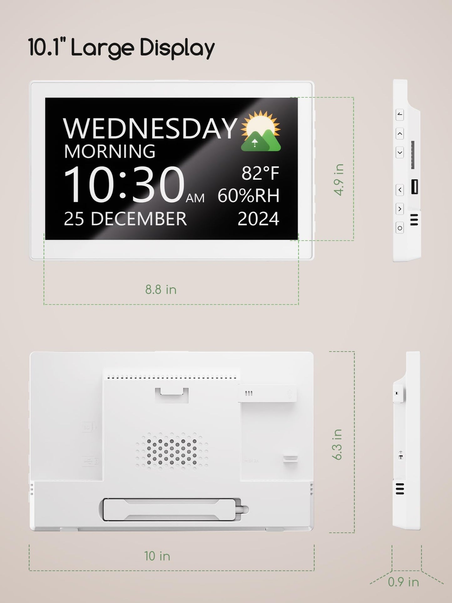Raynic Digital Clock,10.1 Inch Large Display Calendar Clock with 12 Themes, 20 Alarms, 20 Reminders, Auto Dimming, 12/24 Hours for Seniors, Desk (White)