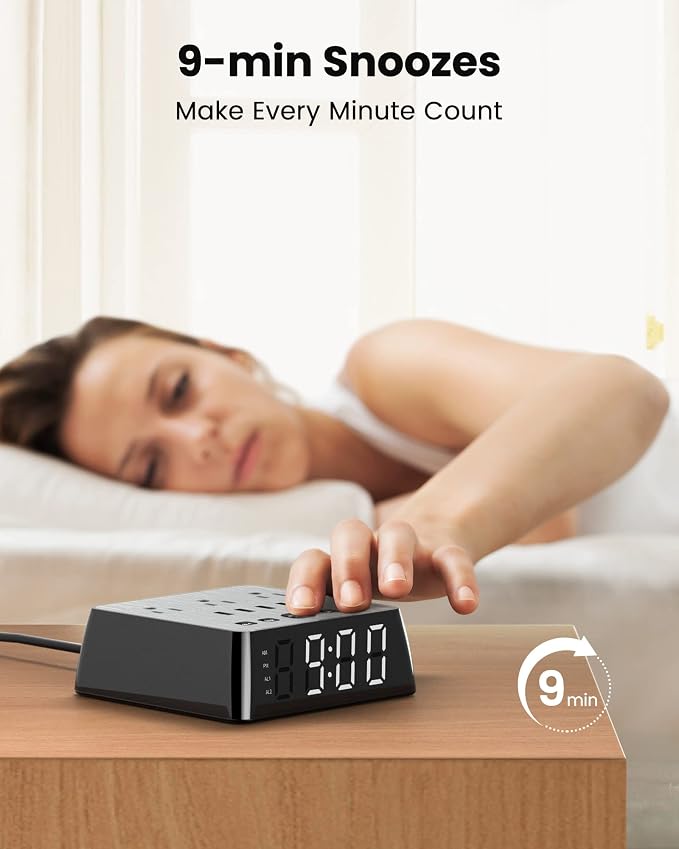 JACKYLED Alarm Clock with 4 USB Chargers, Power Strip 3 Outlets, 1700J