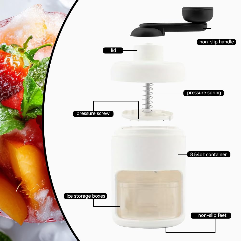 Shaved Ice Mini Snow Cone Machine, Portable Countertop Ice Shaver with No Slip Base, No Electricity Needed, Ice Cup Included, Lightweight, Stainless Steel Blade