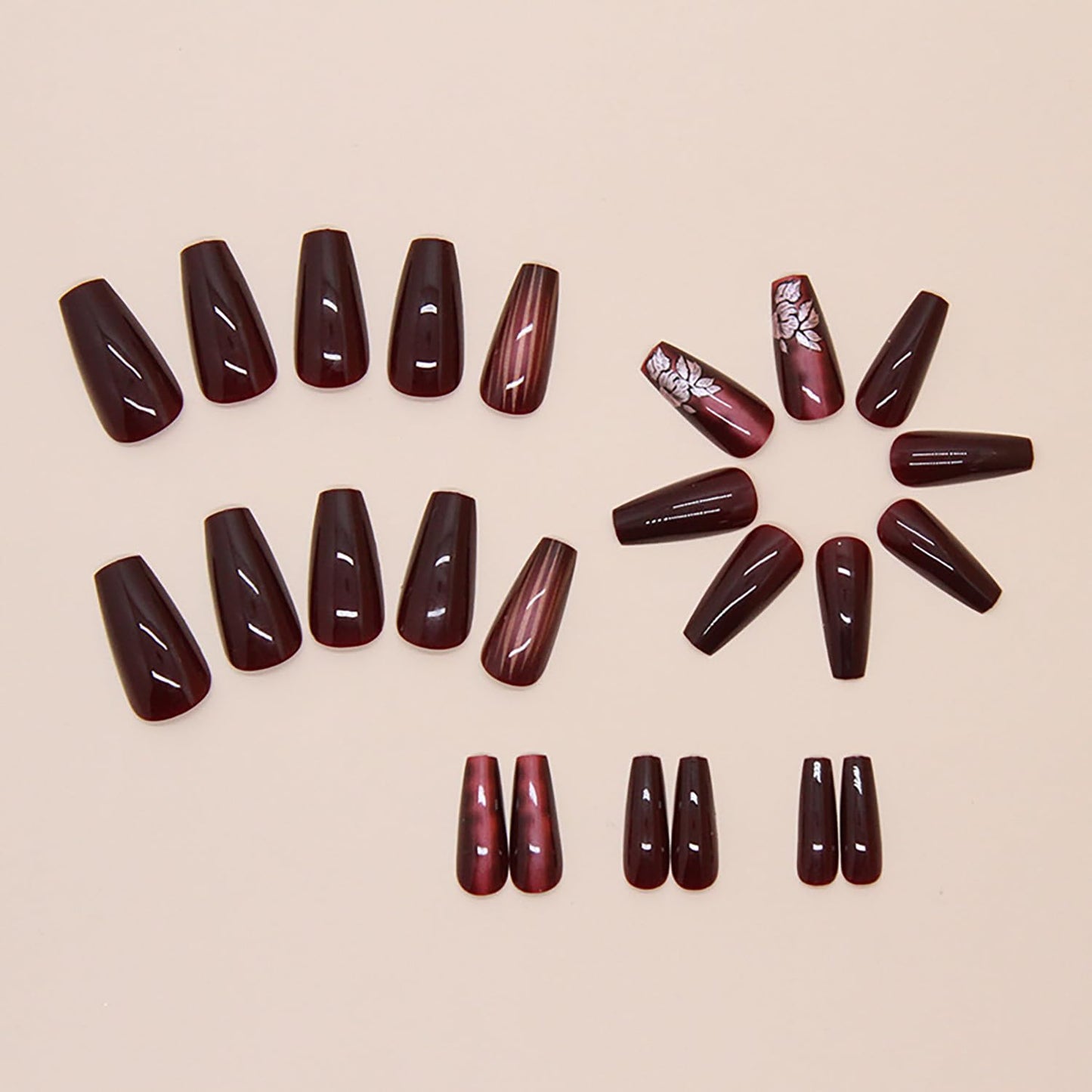 Wine Red Press on Nails Medium Length Flower Stripe Pattern Design False Nails Artificial Coffin Nails Full Cover Glossy Acrylic Nails Solid Color Stick on Nails Ballet Shaped Glue on Nails for Women