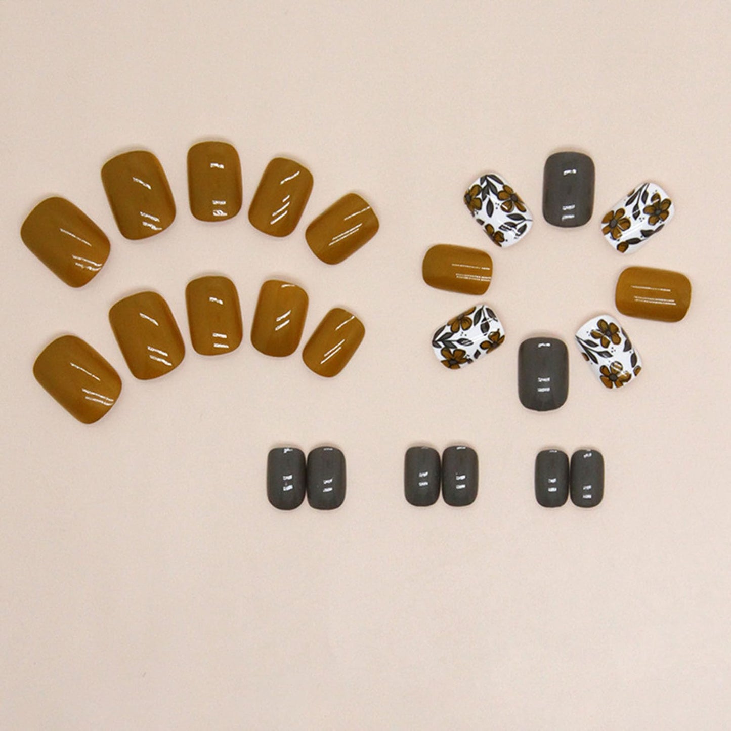 YOJIATOP Square Press on Nails Short With Floral Designs - Yellow and Grey Acrylic Glossy Glue on Artificial Stick on Nails for Women - Fall Style - 24Pcs