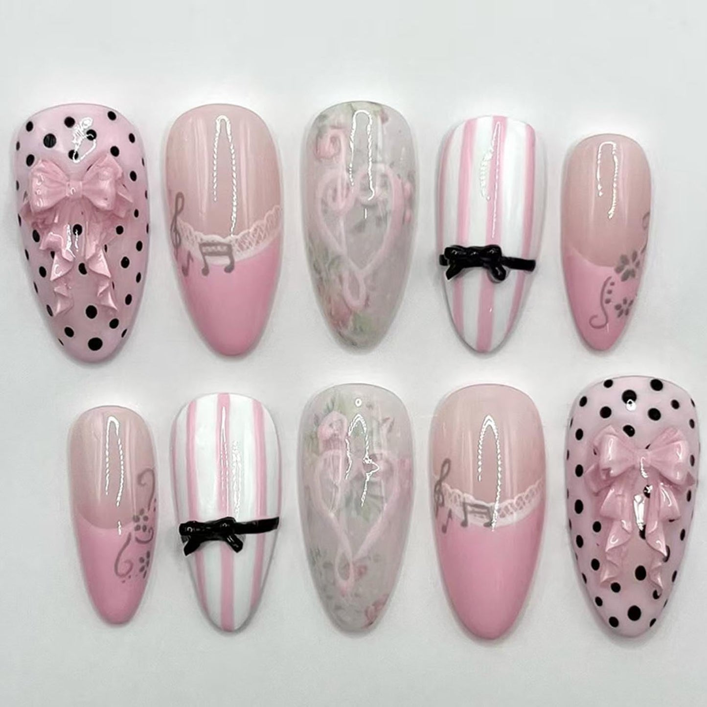 30Pcs Press on Nails Medium Almond Fake Nails with lace, Musical Note, Vine, Bow, Polka Dot Pattern Glossy Cute Bows Gradient Stick on Nails Sweet False Nails Full Cover Artificial Nails for Women