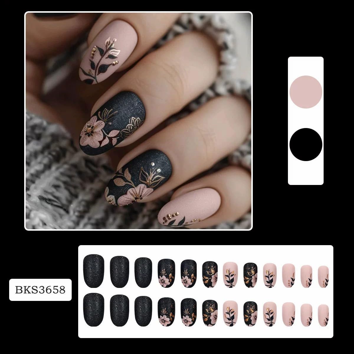 Short Press on Nails Almond Fake Nails with Flower Leaves Design Matte Black Nude Pink Spring Glue on Nails Acrylic Gel False Nail Kit Reusable Stick on Nails for Women Manicure Decorations 24PCS