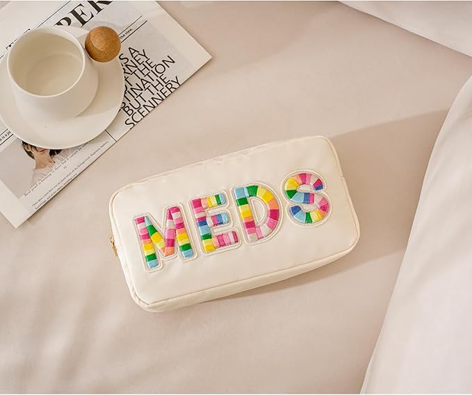 Chenille Letter Patch Nylon Medicine Packages,Cute MEDS Travel Makeup Bag with Metal Zipper, First Aid Purse Organizer Cosmetic Bag for Women and Girls(01Beige)