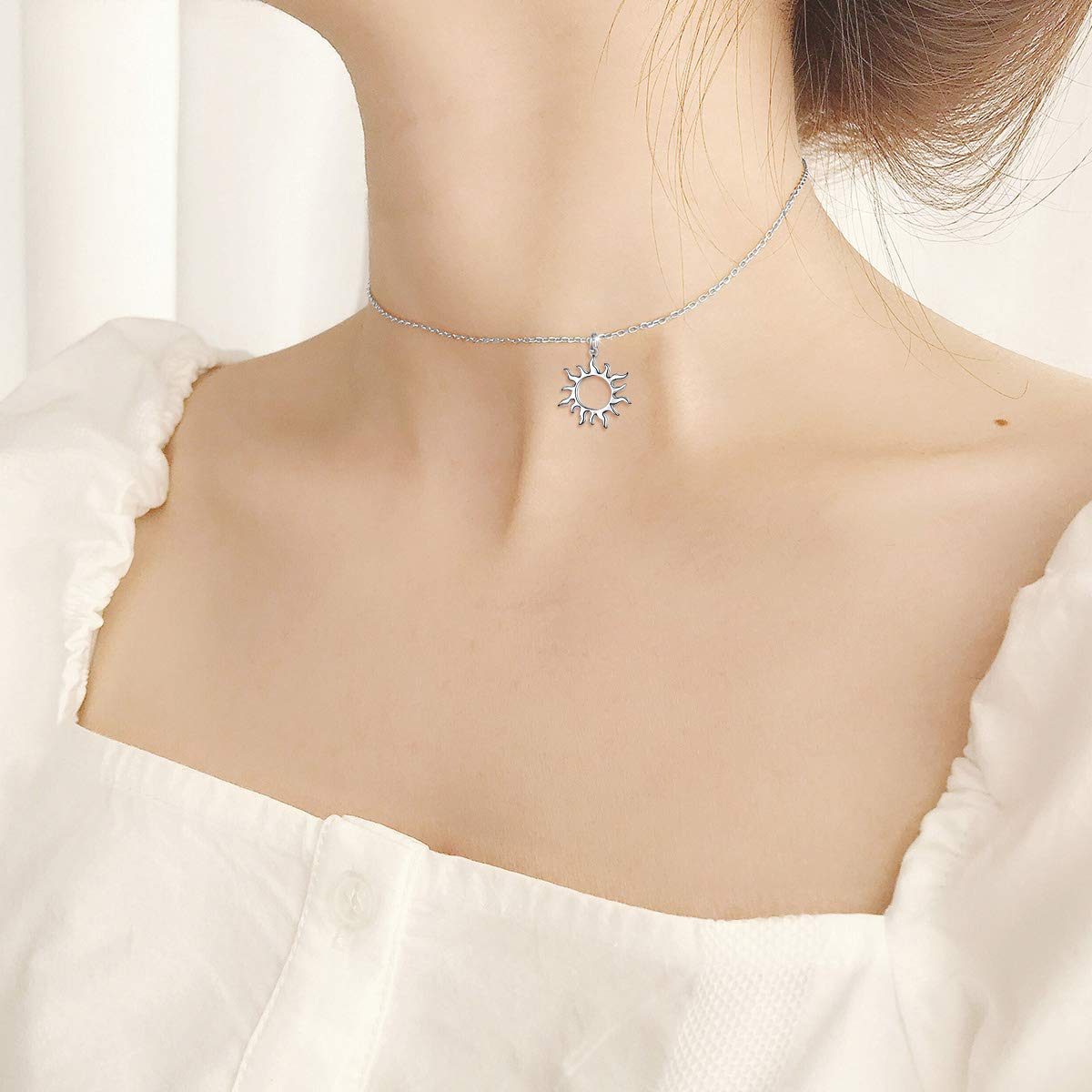 DAOCHONG S925 Sterling Silver Sun Choker Short Dainty Necklace Pendant for Women Jewelry Gift