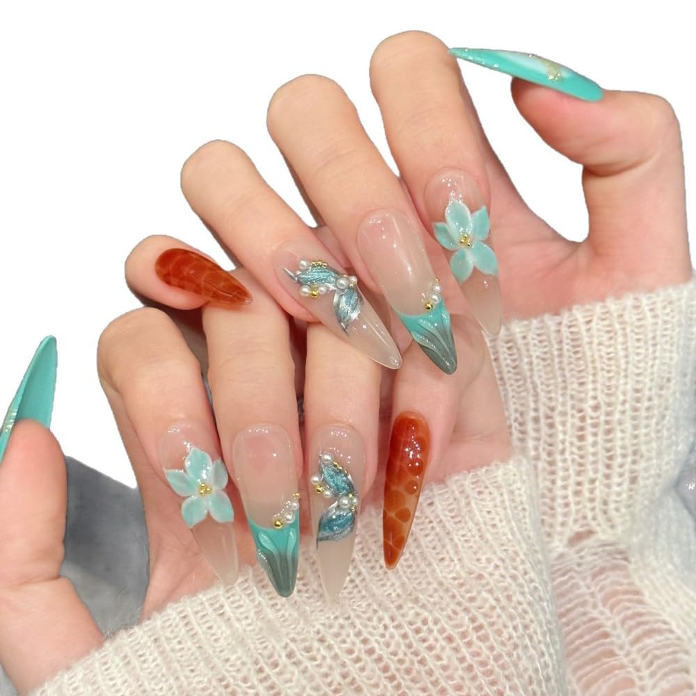 Vokupoga Long Almond Press on Nails Handmade Fake Nails French Stiletto False Nails with 3D Flower Designs Glossy Artificial Nails for Women 10Pcs(Size M)
