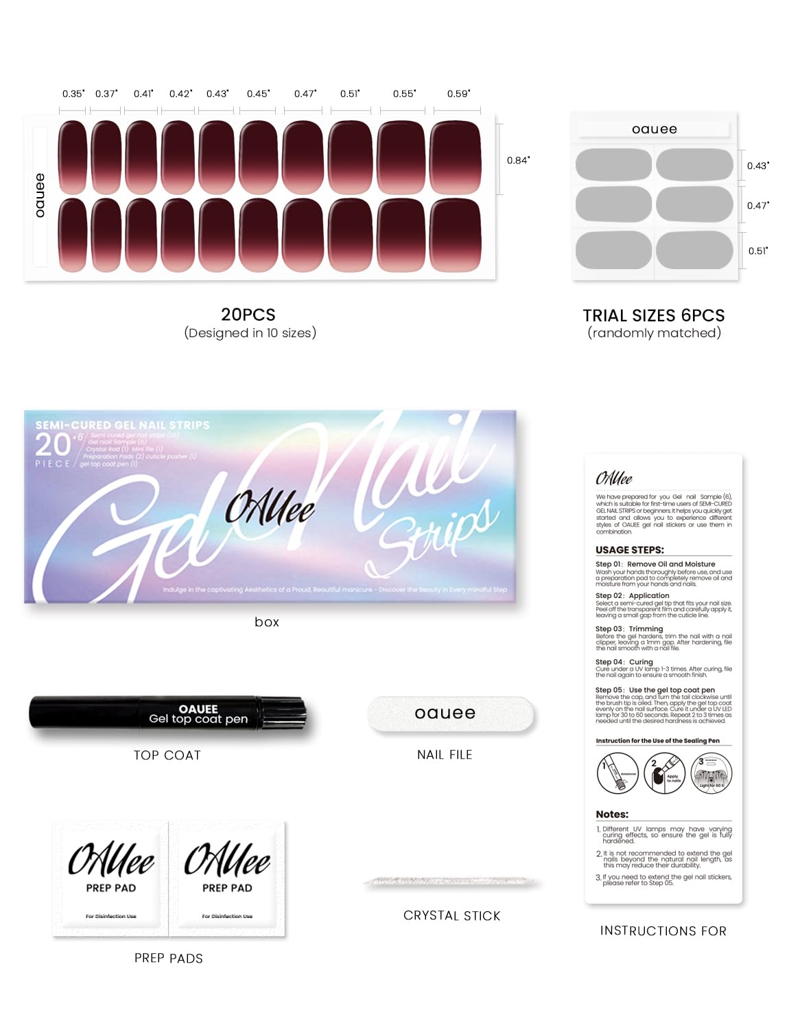 Oauee Semi Cured Gel Nail Strips | Built-In Gel Top Coat | UV Light Required | Salon Quality, Easy Application And Removal (Red wine color & nude pink gradient）