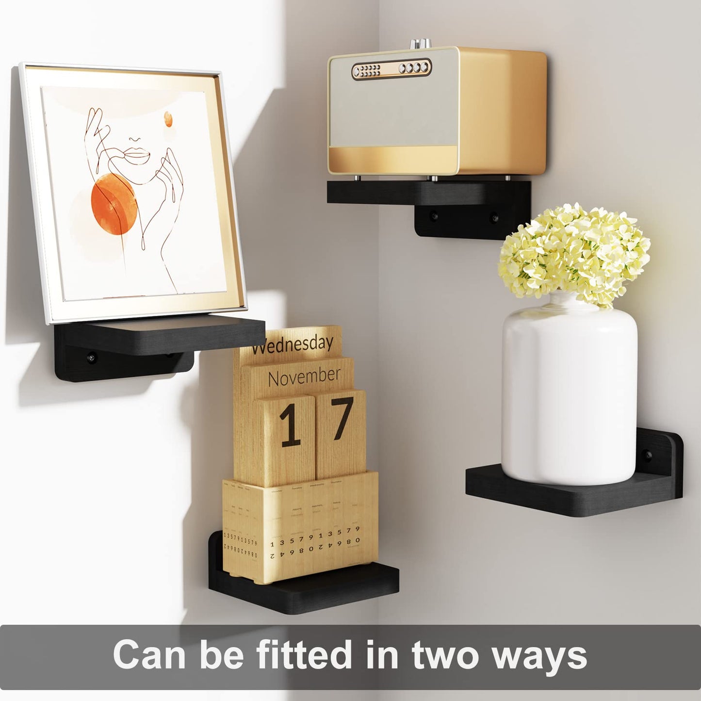 SRIWATANA Small Floating Shelves Wall Mounted, Wood Shelf for Decoration and Storage Set of 4, Mini Display Shelf for Bedroom, Bathroom, Kitchen, Office (Black, 4 inch)