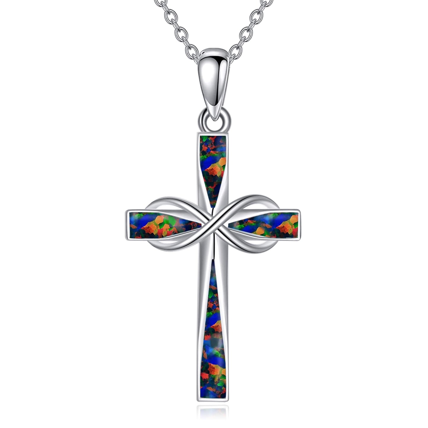 ONEFINITY Infinity Cross Necklace 925 Sterling Silver Black Fire Opal Pendant Necklace Cross Jewelry Gifts for Women Men